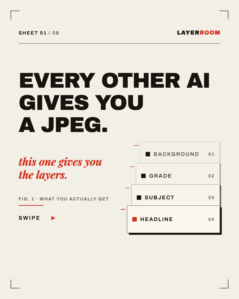 Board 1: Every other AI gives you a JPEG. This one gives you the layers.
